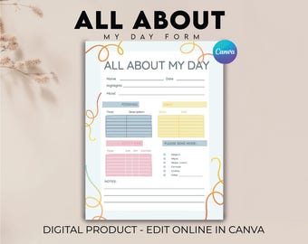All About My Day sheet, Daycare Daily Report ,Nanny Log, Home Day Care, Day Care Report Mail, Daycare policies, Editable Day care Binder