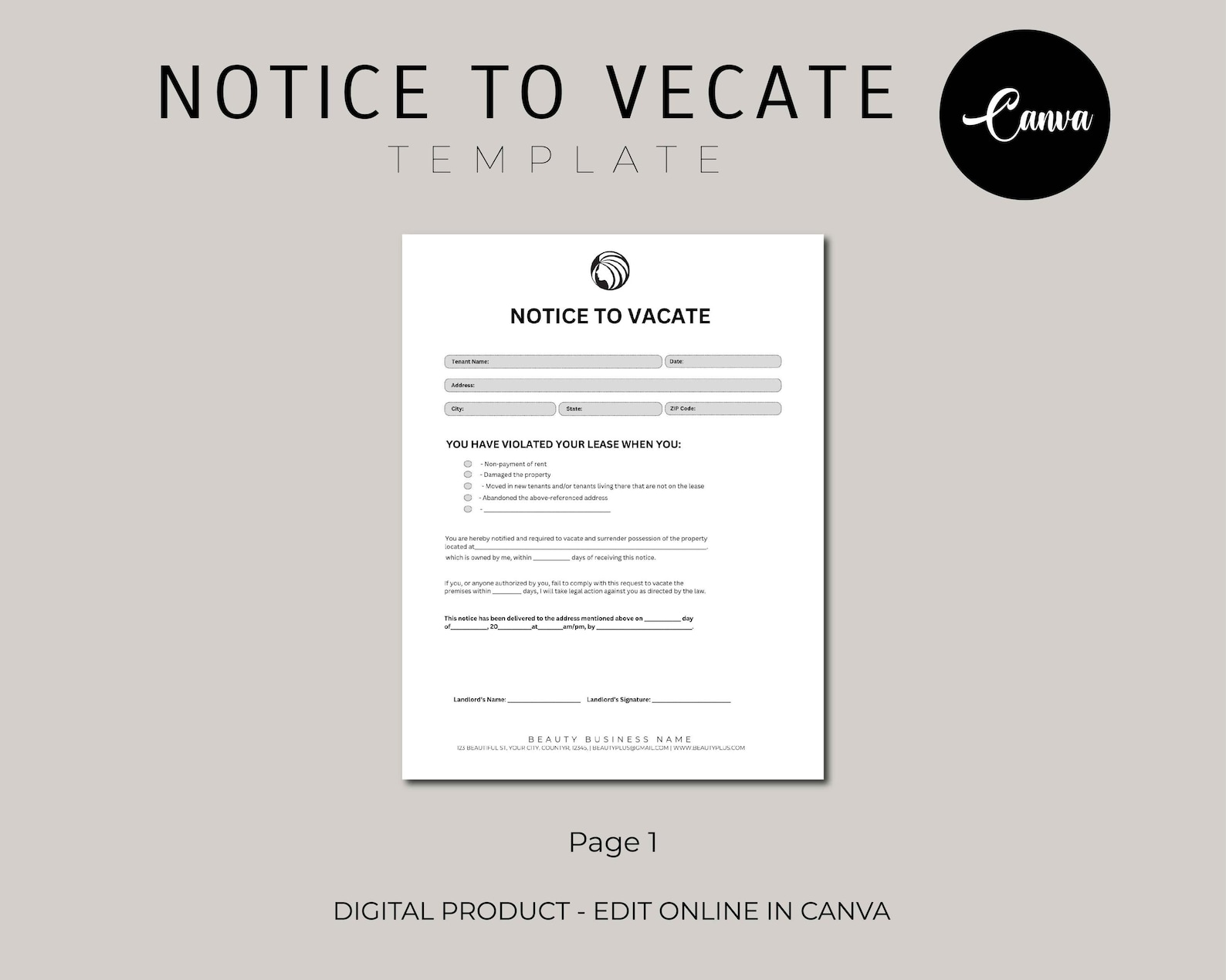 Landlord Notice to Vacate to Tenant, Eviction Notice, Editable Canva Template, Printable Instant ...