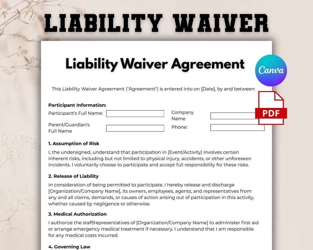 Simple Liability Waiver Agreement, One Page Release of Liability Form ...