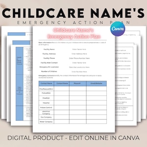 Puede incluir: Una plantilla de plan de acción de emergencia para el cuidado de niños imprimible. La plantilla incluye secciones para información de las instalaciones, contactos de emergencia y una lista de servicios de emergencia. La plantilla está diseñada para ser editada en línea en Canva.