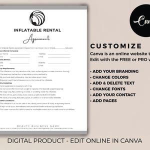 May include: A digital template for an inflatable rental agreement. The document includes sections for lessor and lessee information, setup requirements, safety guidelines, and weather conditions. The Canva logo and customization options are also displayed.