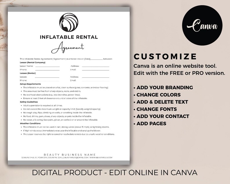 May include: A digital template for an inflatable rental agreement. The document includes sections for lessor and lessee information, setup requirements, safety guidelines, and weather conditions. The Canva logo and customization options are also displayed.