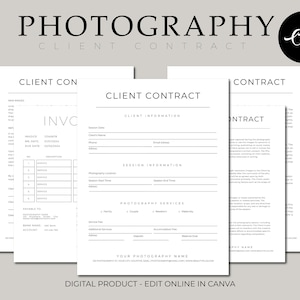 Plantilla de contrato de cliente de fotografía, formularios de fotografía, acuerdo de cliente, contrato para fotógrafos, plantilla Canva, plantilla editable