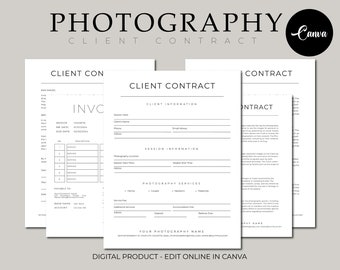 Photography Client Contract Template, Photography Forms, Client Agreement, Contract for Photographers, Canva Template, Editable Template