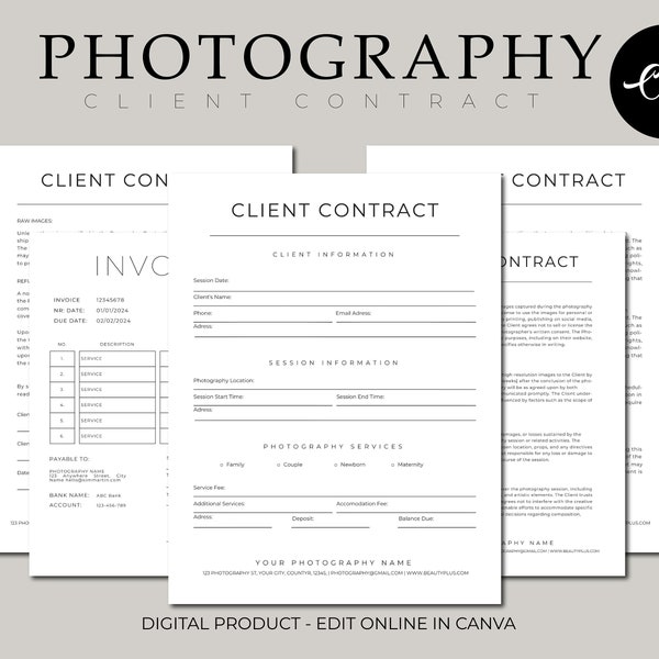 Photography Client Contract Template, Photography Forms, Client Agreement, Contract for Photographers, Canva Template, Editable Template