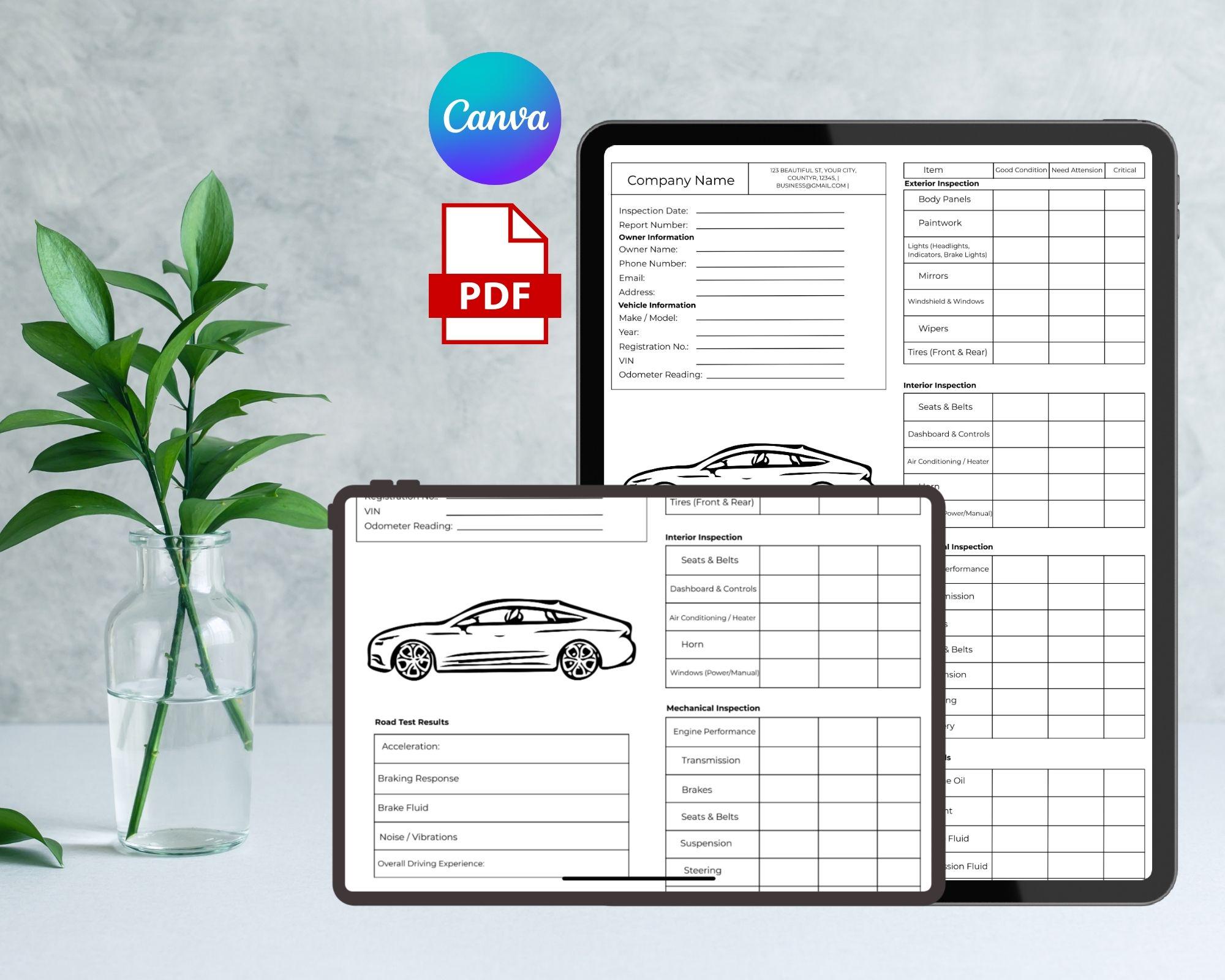 Printable Vehicle Inspection Report, Editable Car or Equipment Rental ...
