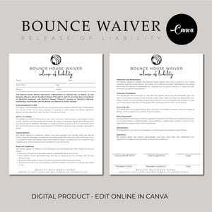 Bounce House Waiver Forms, Editable and Printable, Release of Liability Template, Inflatables Rental Business Water Slide Waiver