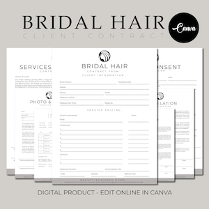 Bridal Makeup Artist Contract, Wedding Hair and Makeup Forms, Bridal Hair Contract,  Bridal Party Hairstyling Service Agreement Template