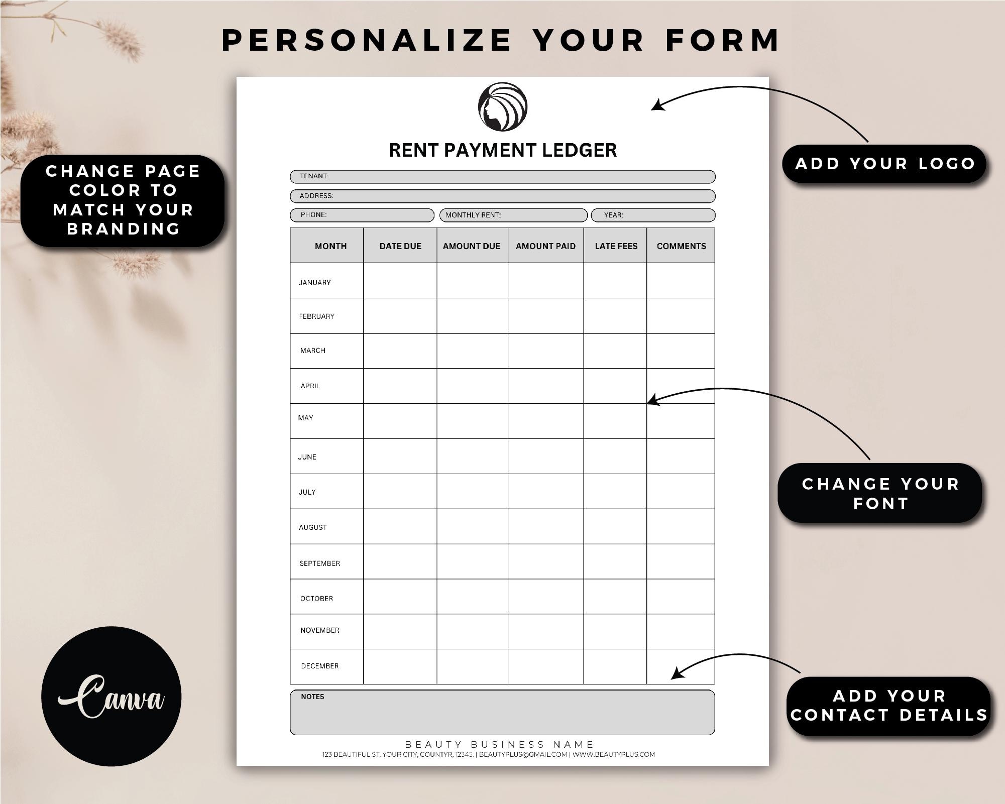 Editable Rent Payment Ledger Template, Monthly Rent Payment Tracker ...