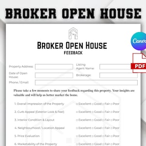 Könnte beinhalten: Ein weißes Broker Open House Feedback-Formular mit einem Haus-Symbol und den Canva- und PDF-Logos. Das Formular enthält Felder für Adresse, Datum und Kontaktinformationen sowie Abschnitte für Feedback zu Aspekten des Objekts.