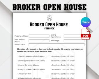 Broker Open Feedback Form, Brokers Open Feedback Questionnaire Canva, Real Estate Agent Open House Feedback Form, Realtor Tour Feedback Form