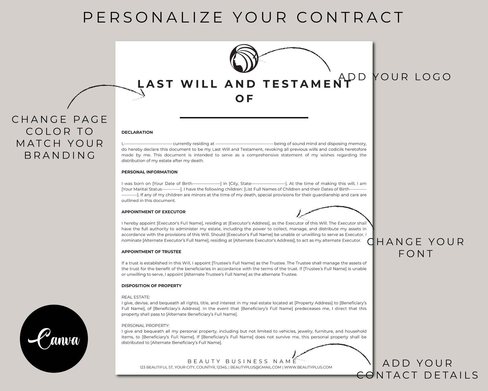 Last Will and Testament, Printable Last Will and Testament Form, Legal Testament Template, PDF ...