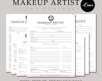 Bewerkbare make-upcontractsjabloon, contract freelance make-upartiest, visagist, cosmetica CANVA-sjabloon, make-upcontractsjabloon