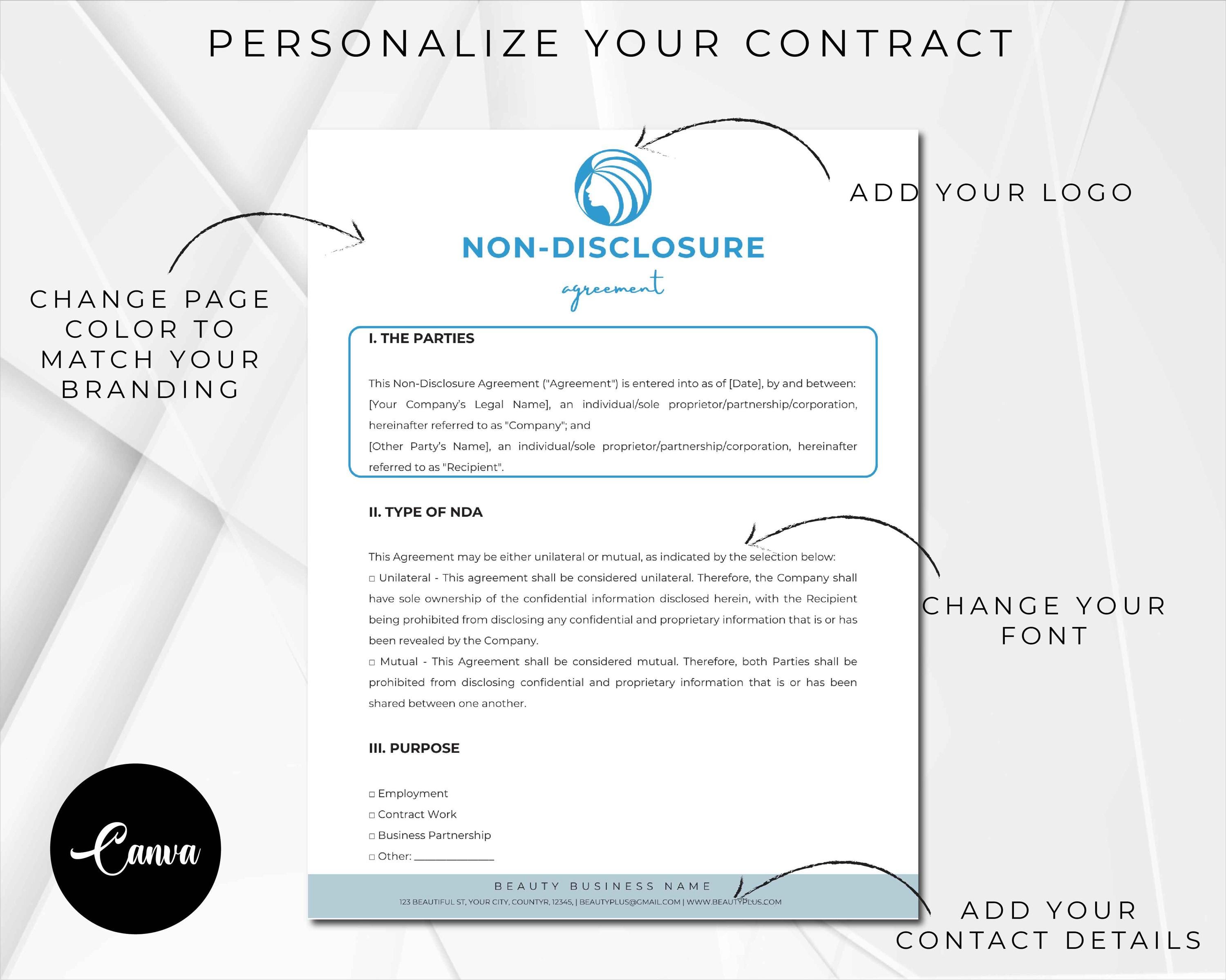 Editable Non-disclosure Agreement Template, NDA Agreement Contract ...