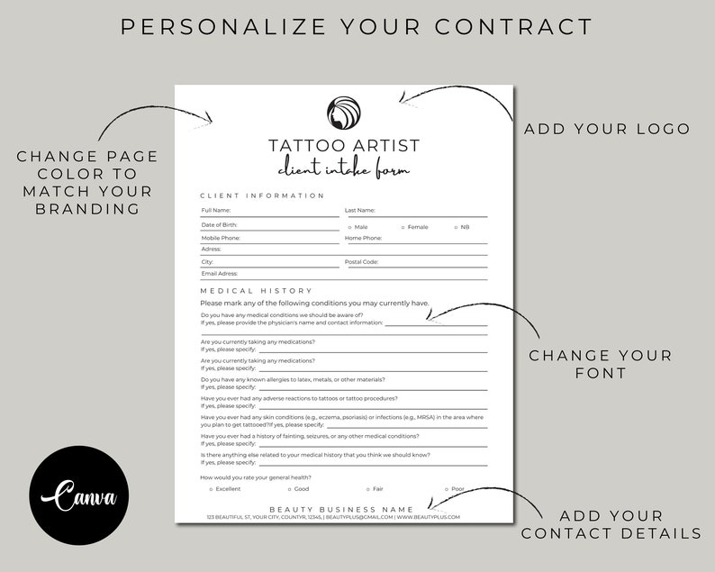 Tattoo Artist forms bundle - Editable!, Tattoo Consent Form, Tattoo Artist Business Forms, Tattoo Consent Document,Tattoo Intake Form. image 2