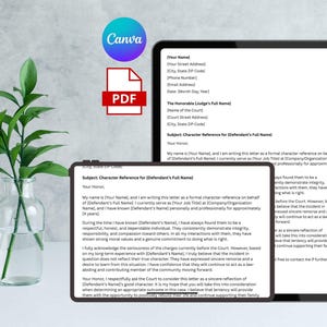 May include: A digital character reference letter template displayed on a tablet and a smaller device. The document is a PDF, with the Canva logo visible. The letter's subject is a character reference for a defendant.