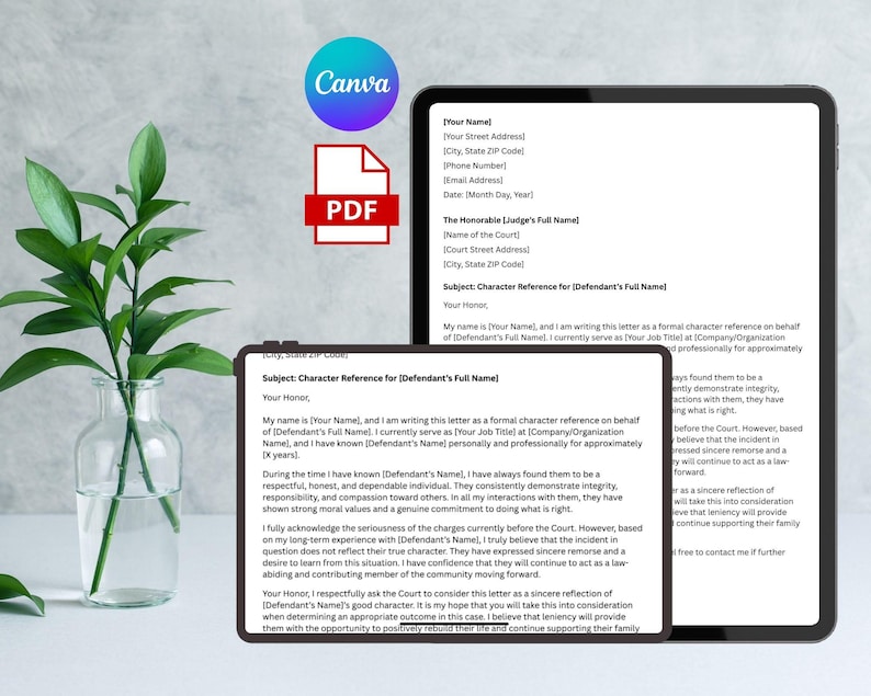 May include: A digital character reference letter template displayed on a tablet and a smaller device. The document is a PDF, with the Canva logo visible. The letter's subject is a character reference for a defendant.