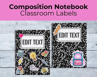 Editable Classroom Labels or Name Tags for School: Composition Notebook Theme, Editable School Supply Organizer,  Teacher Toolbox Tags