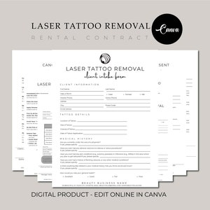 May include: A black and white printable client intake form for laser tattoo removal. The form includes sections for client information, tattoo details, and medical history. The form is designed to be edited online in Canva.