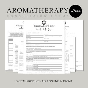 Könnte beinhalten: Ein schwarzes und weißes druckbares Aromatherapie-Kundenaufnahmeformular mit dem Titel "Aromatherapie-Kundenaufnahmeformular". Das Formular enthält Abschnitte für Kundeninformationen, Krankengeschichte und einen Platz für den Firmennamen.