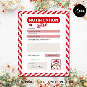 Notificação editável de atraso de presente de Natal, Aviso de atraso de presente de Natal, Carta de presente atrasado do Papai Noel, Presente de Natal perdido, Fatura