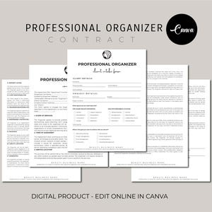 Editable Professional Organizer Contract Template, Organizing Service Agreement, Client Intake Form, Invoice Template, Canva editable