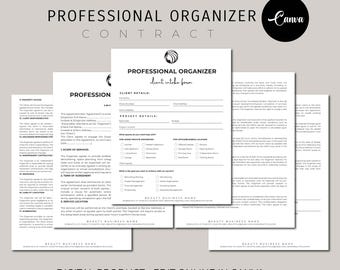 Plantilla editable de contrato de organizador profesional, acuerdo de servicio de organización, formulario de admisión de clientes, plantilla de factura, Canva editable