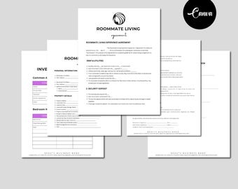 May include: A digital product template for a roommate living experience agreement. The template is designed to be edited online in Canva. The document includes sections for personal information, rent and utilities, security deposit, and property details. The template is designed for a beauty business.
