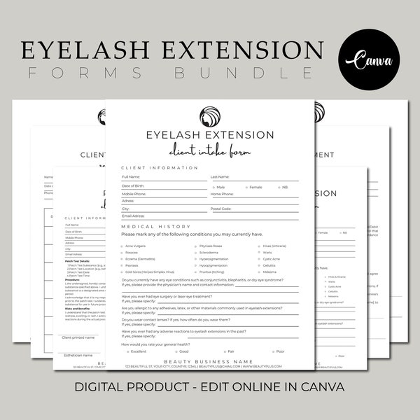 Eyelash Extension Forms - Editable Lash Consent Templates, Eyelash Aftercare Card, Lash Tech Consultation, Esthetician Forms, Lash Forms