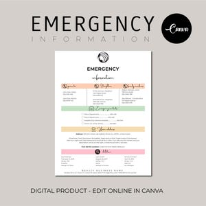 Emergency Information Sheet,  Babysitting Printable Babysitter Notes Nanny Fridge, Editable Emergency Contact Info Template on Canva