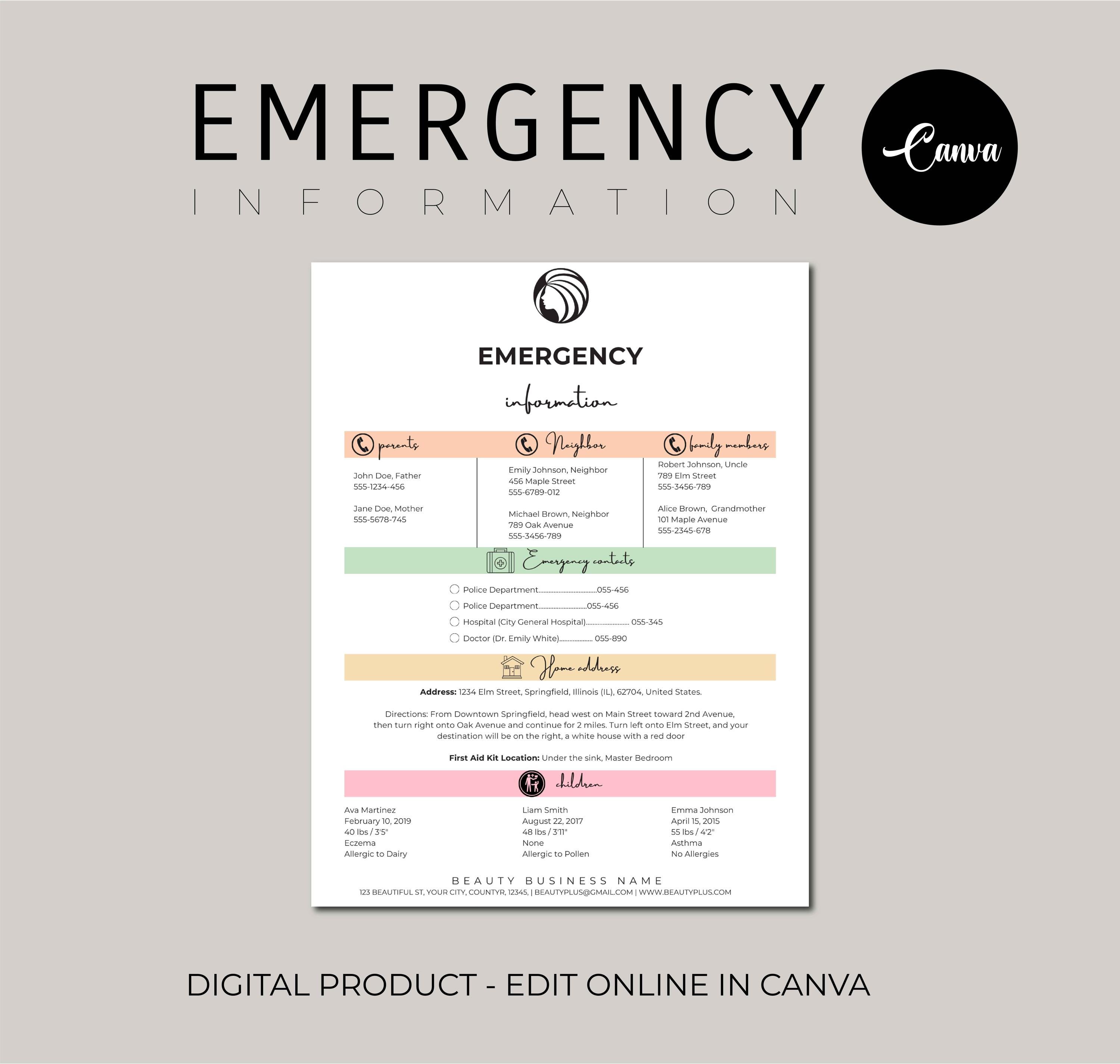 Emergency Information Sheet,  Babysitting Printable Babysitter Notes Nanny Fridge, Editable Emergency Contact Info Template on Canva
