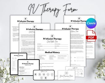 May include: A collection of IV therapy forms, including a client intake form, release form, and medical history document. The forms are in black and white, with the text "IV Infusion Therapy" at the top. A business card and digital tablet are also included.