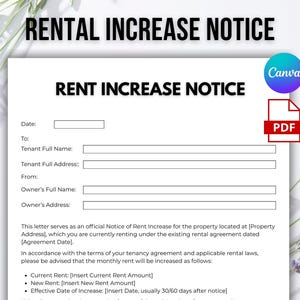 Rental Increase Notice, Editable Rental Increase Letter, Rental Incremental Form, Rent Increase Letter, Canva Template, Rent Increase Form