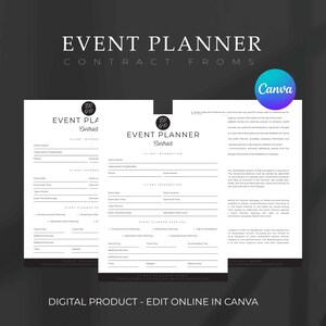 Może przedstawiać: Cyfrowy szablon umowy z planistą wydarzeń o minimalistycznym designie. Dokument zawiera sekcje dotyczące informacji o kliencie, szczegółów wydarzenia i usług planisty. Widoczne jest logo Canva. Tekst "EVENT PLANNER CONTRACT FROMS" znajduje się na górze.