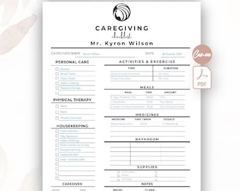 Editable Home Health Caregiver Activity Report, Caregiver Timecard, Printable Elder Care Checklist, Task Sheet, Caregiver Checklist Template