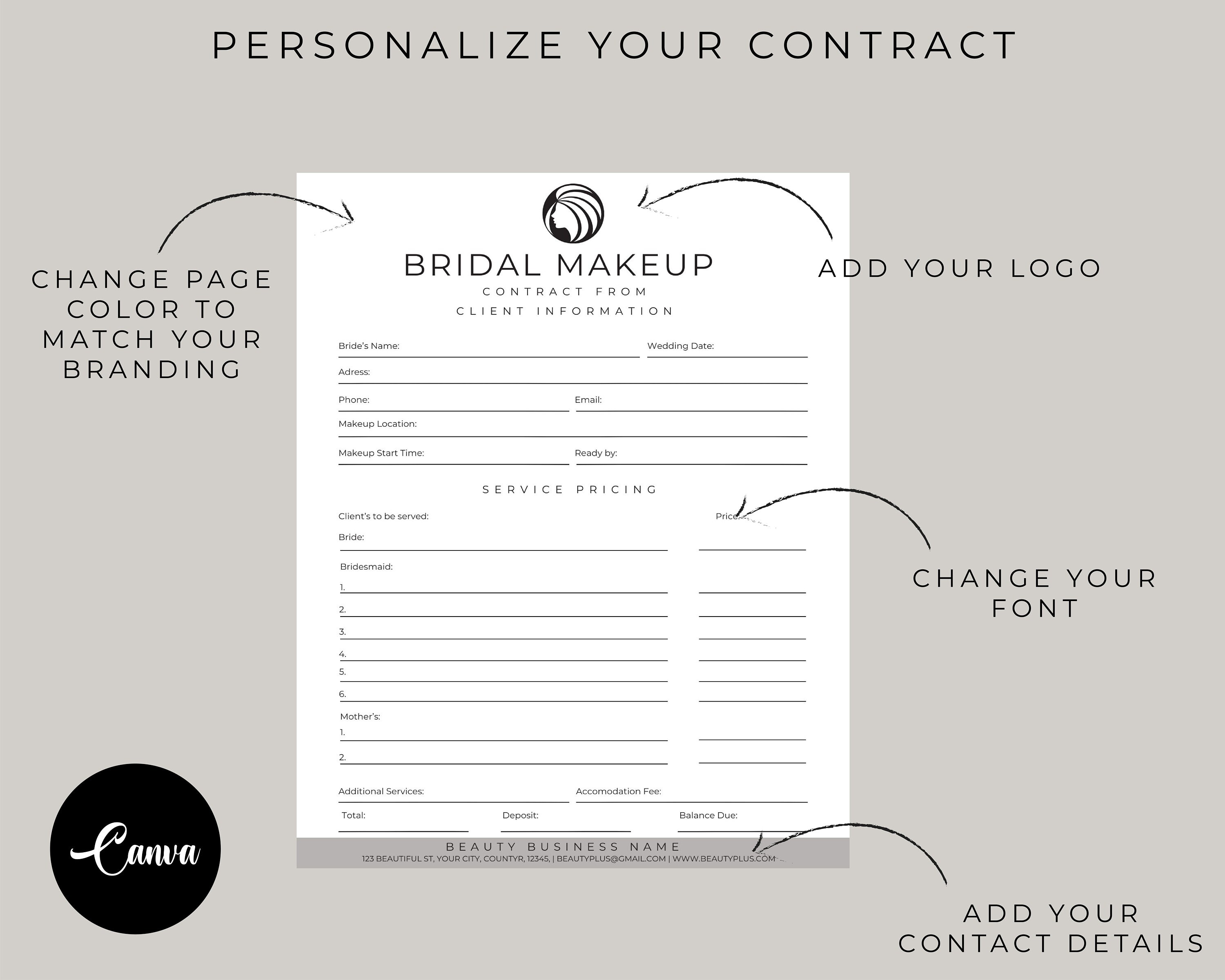 Bridal Makeup Artist Contract, Bridal Hair Contract, Bridal Party ...