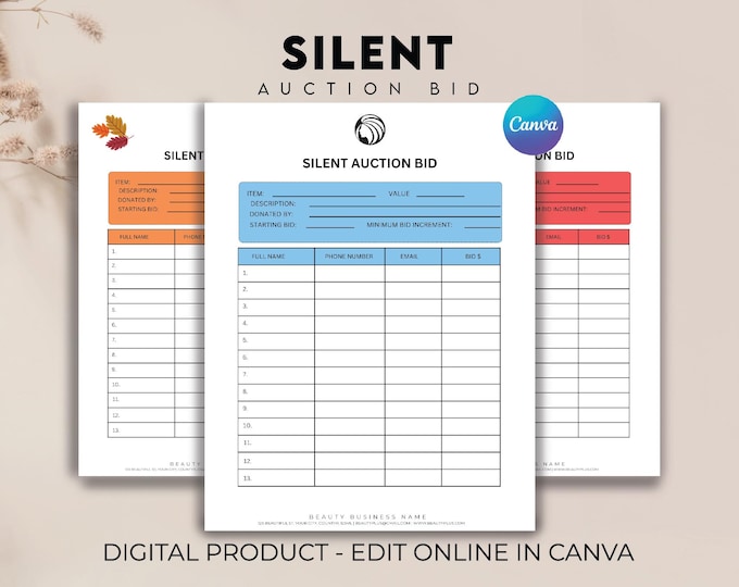 Editable Silent Auction Bid Sheet. Silent Auction Sign up Sheet ...
