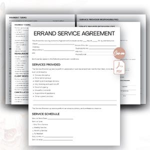 Op de afbeelding: Een geprint Errand Service Agreement document met secties voor klant- en dienstverlenergegevens, geleverde diensten en een serviceschema. Het formulier bevat lege regels voor namen, adressen, datums en selectievakjes voor verschillende servicefrequenties.
