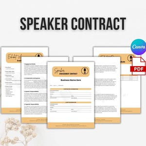 Può includere: Un gruppo di modelli di contratti per relatori con il titolo "SPEAKER CONTRACT" in nero. I modelli sono bianchi con accenti beige e includono i loghi Canva e PDF. Questi modelli sono progettati per la pianificazione di eventi e l'ingaggio di relatori.