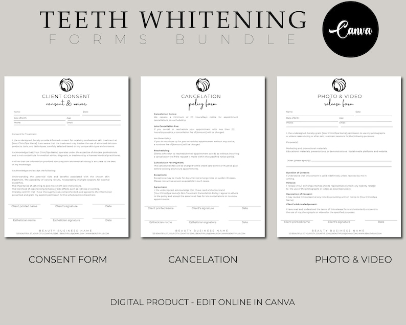 May include: A digital product bundle for teeth whitening businesses. The bundle includes three printable forms: a client consent form, a cancellation policy form, and a photo and video release form. The forms are designed to be edited in Canva.
