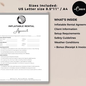 May include: A white Inflatable Rental Agreement document with the text "Inflatable Rental Agreement" and "What's Inside" details. The document includes sections for client information, setup requirements, safety guidelines, and weather conditions. The document is US Letter size 8.5"x11".