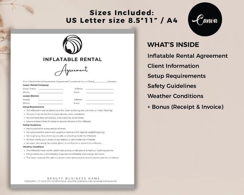 May include: A white Inflatable Rental Agreement document with the text "Inflatable Rental Agreement" and "What's Inside" details. The document includes sections for client information, setup requirements, safety guidelines, and weather conditions. The document is US Letter size 8.5"x11".