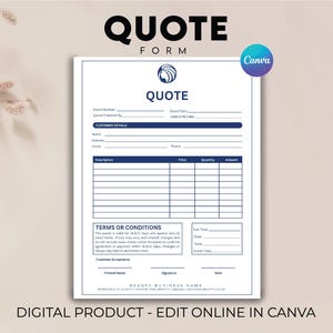 Editable Quote Template, Job Quote Template, Quote Form, Small Business Quotation Sheet, Job Proposal, Job Quote Forms, Invoice Template