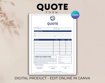 Editable Quote Template, Job Quote Template, Quote Form, Small Business Quotation Sheet, Job Proposal, Job Quote Forms, Invoice Template
