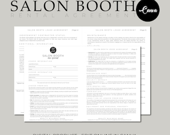 Professional Salon Booth Rental Contract, Salon Station Contract, Canva Booth Rental Agreement, Spa Rental, Salon Chair Rental, Salon Lease