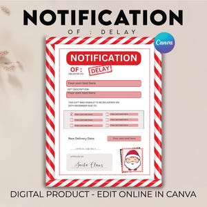 Può includere: Un modello digitale di notifica di ritardo a tema natalizio con un bordo a righe rosse e bianche. Il modello include campi per il destinatario, la descrizione del regalo e i dettagli di consegna. Il testo "NOTIFICATION OF DELAY" è in alto.