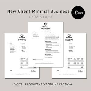 May include: Three black and white printable templates for a project proposal, invoice, and receipt. Each template has a simple design with a bird logo and the words "Project Proposal", "Project Invoice", and "Project Receipt".