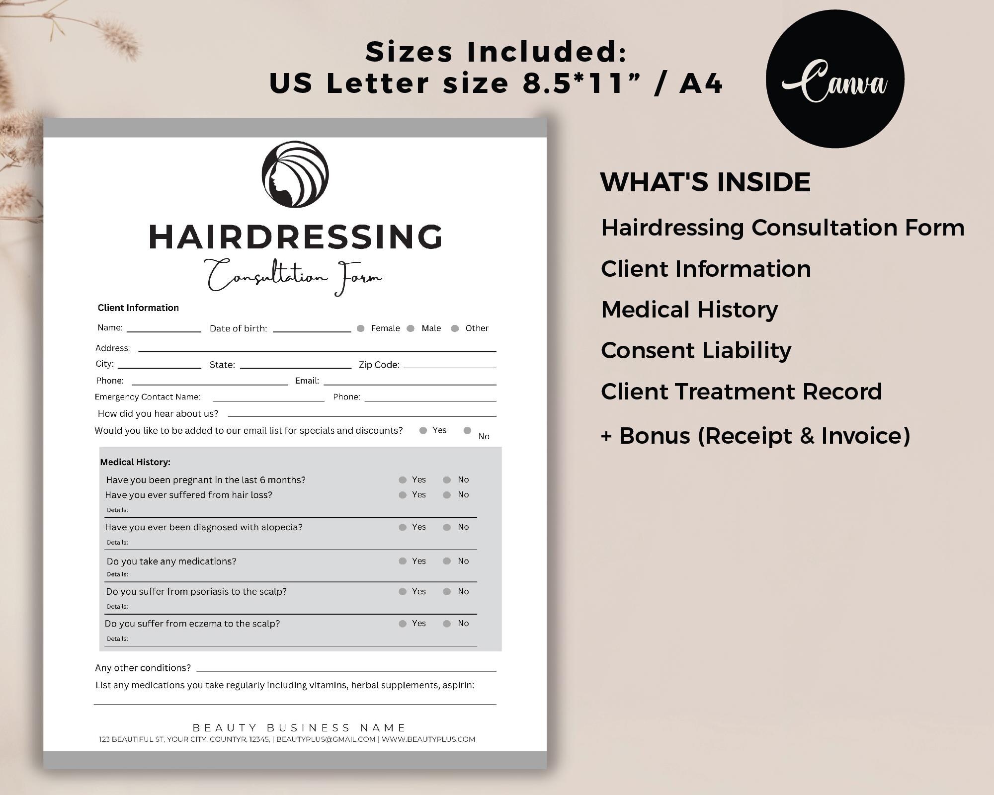 Professional Hair Stylist Client Forms, Hairdressing Forms, Consent for ...