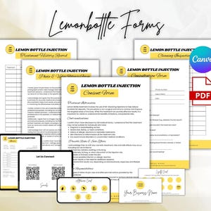 Puede incluir: Un conjunto de formularios impresos para Lemon Bottle Injection, que incluyen una tabla de historial de tratamiento, un formulario de liberación de fotos y videos, un formulario de consentimiento y un formulario de consulta. Los formularios son blancos con detalles amarillos.