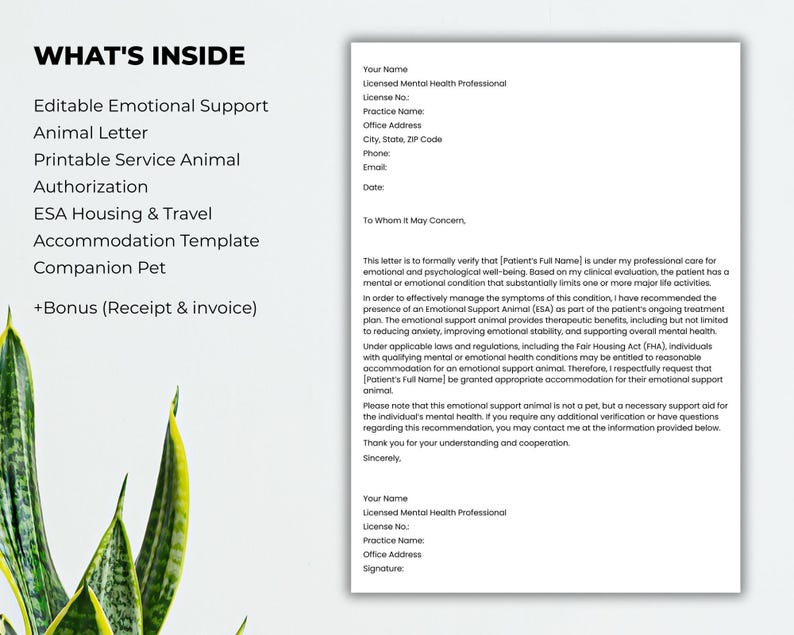 Editable Emotional Support Animal Letter, ESA Housing & Travel ...